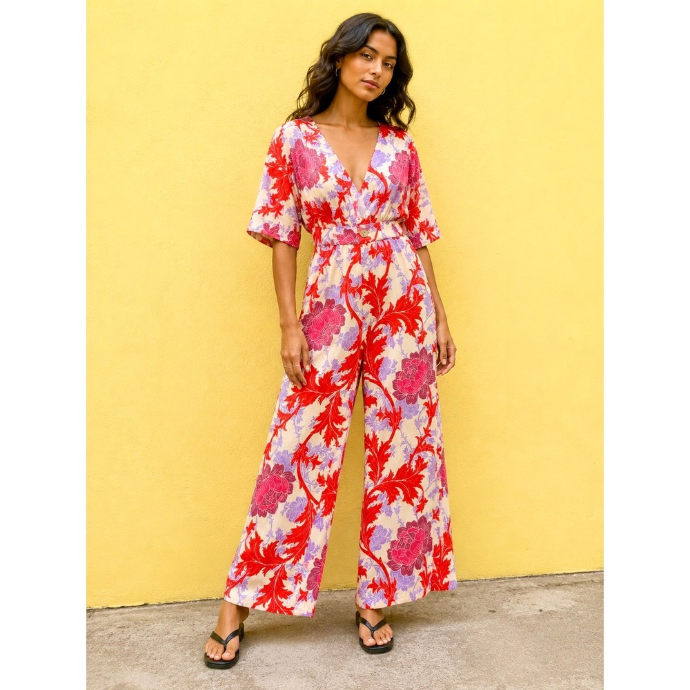 LENNI The Label XS Red Lavender Floral Wide Leg Kimono Sleeve Jumpsuit Boho